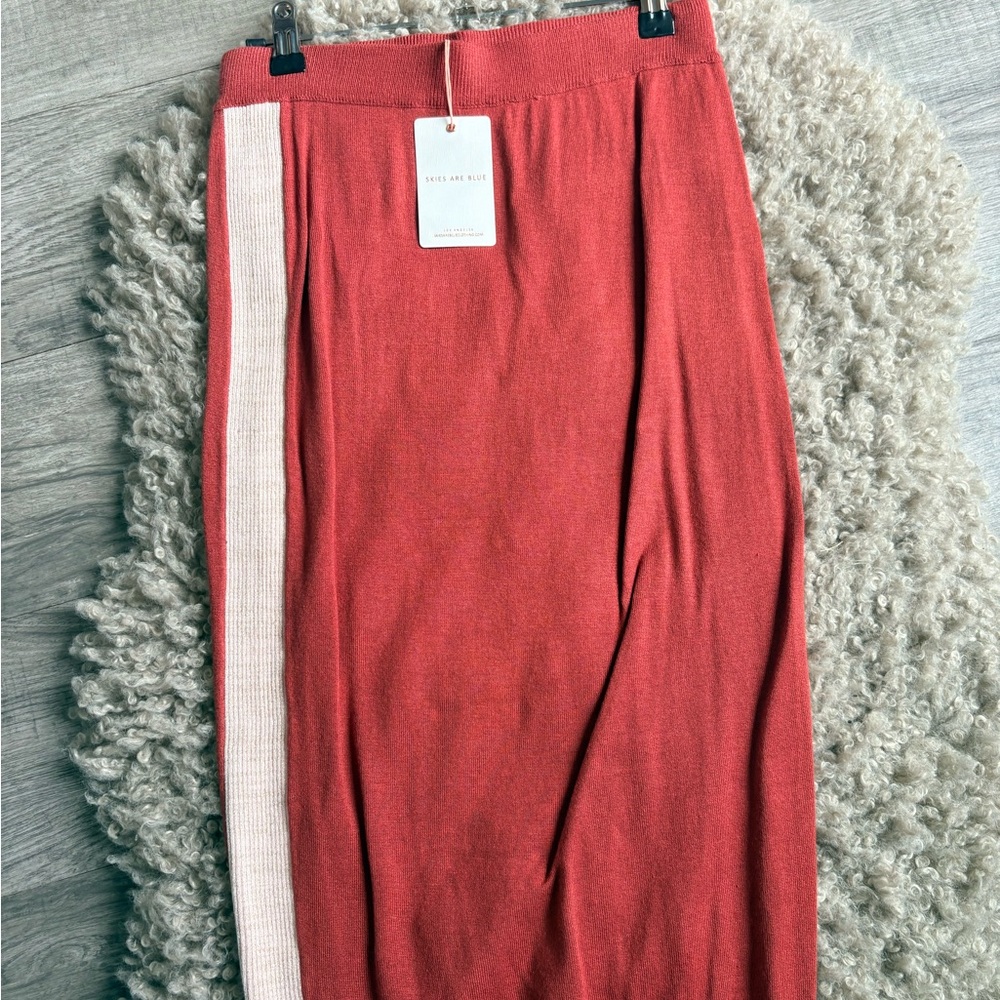 Skies Are Blue Coral Knit Midi Skirt with Cream Side Stripe